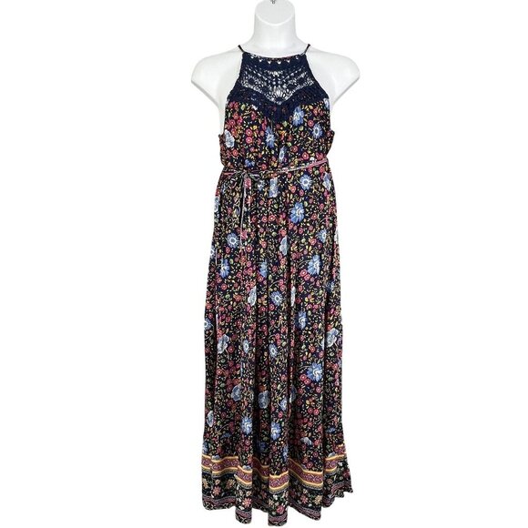Hehull Womens 2X Floral Maxi Crochet Halter Dress Pockets Bohemian Bloomcore - Picture 1 of 16